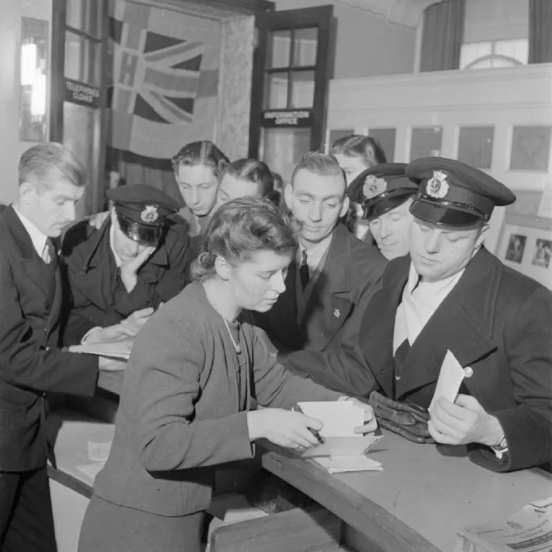 Merchant seaman Richard Pates arrives at the Merchant Navy Club in Piccadilly, London, 1942